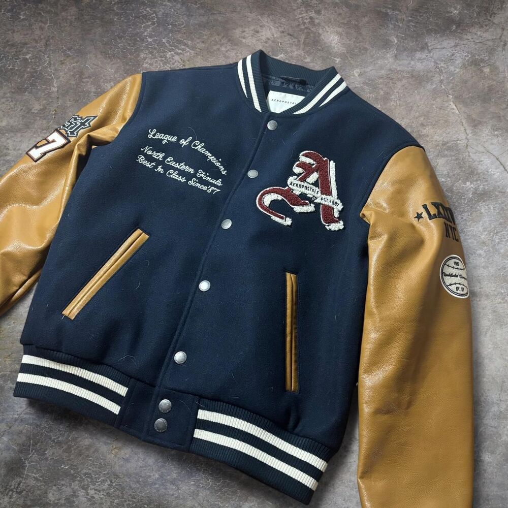 Aéropostale Varsity Jacket Men’s XS Blue Brown Faux Leather Sleeves Y2K